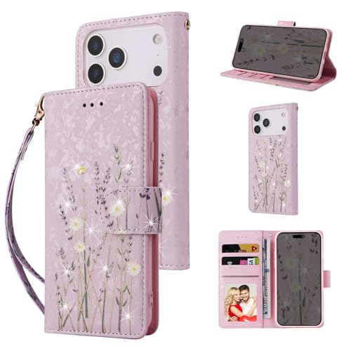 UEEBAI Wallet Case for iPhone 17 Pro, PU Leather Phone Cover Kickstand RFID Blocking Flip Case Card Slots Wrist Strap Relief Engraved Pattern Magnetic Closure Flower Folio Wallet, Lavender - color: Lavender, size: iPhone 17 Pro