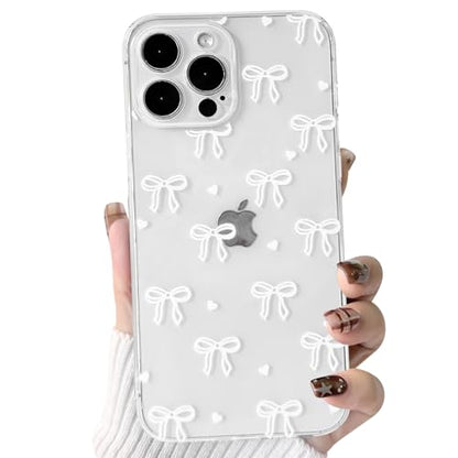 NITITOP Compatible with iPhone 15 Pro Max Case Clear Cute Bow Ribbon Love Heart Pattern for Women Girls Bowknot Full Camera Lens Soft TPU Slim Shockproof Protective Cover - White - color: White, size: iPhone 15 Pro Max