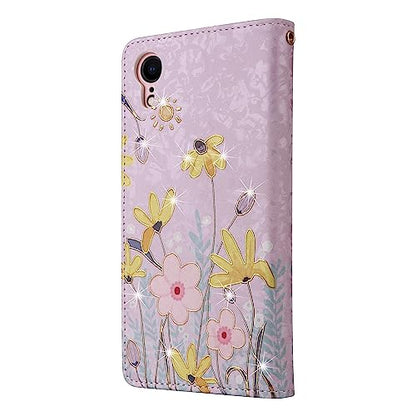 UEEBAI Wallet Case for iPhone XR, PU Leather Phone Case Kickstand RFID Blocking Flip Case with Card Slots Wrist Strap Relief Engraved Pattern Magnetic Closure Folio Case - Sunflower - color: Sunflower