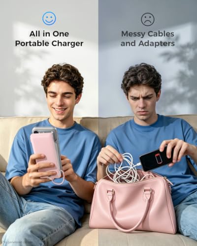 VEGER Portable Charger for iPhone, Power Bank Built in Cables and Wall Plug - color: F Dark Pink