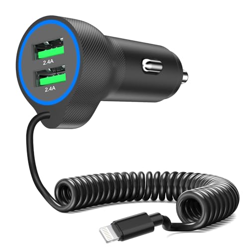 Dual USB Ports Car Charger Adapter with 5FT Coiled Lightning Cable