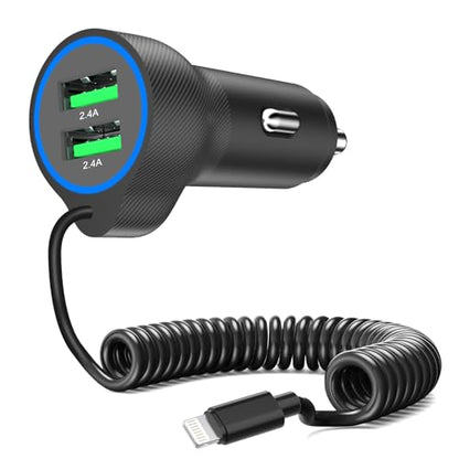 Dual USB Ports Car Charger Adapter with 5FT Coiled Lightning Cable