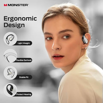 Monster Open Ear AC600 Headphones, Bluetooth 5.4 Wireless Earbuds with HiFi Stereo, Clip-On Earbuds with ENC Clear Call, 21H Playtime, IPX6 Waterproof Wireless Headphones for Outdoor Exercise,Black
