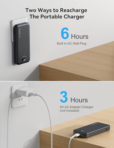 Portable Charger Power Bank 10000mAh with Built in Cables & Wall Plug - color: Pitch Black