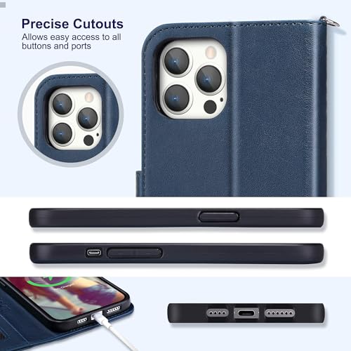 ULAK Compatible with iPhone 15 Pro Wallet Case with Card Holder, Navy Blue | Flip PU Leather Kickstand RFID Blocking Design Cover Wrist Strap Shockproof Phone Case for iPhone 15 Pro 6.1 inch - color: Navy Blue, size: iPhone 15 Pro - 6.1 inch