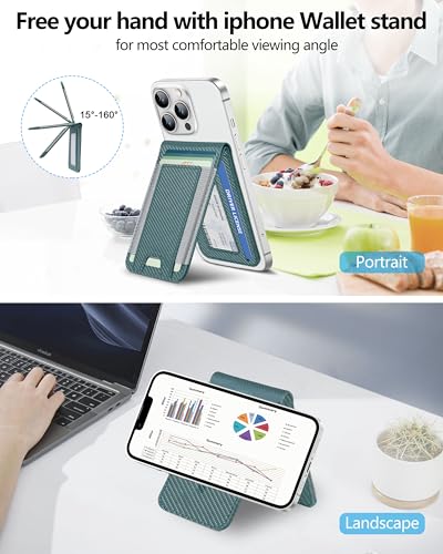 for MagSafe Wallet with Adjustable Stand, 9 Card Holder, Open ID Window - color: Green Carbon Fiber