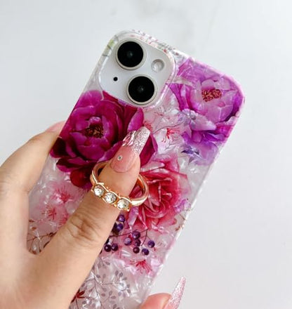Qokey for iPhone 13/14 Case 6.1 inch,Flower Design Cute Clear for Women Girls with 360 Degree Rotating Ring Kickstand Soft TPU Shockproof Cover Purple Red - color: Fuchsia