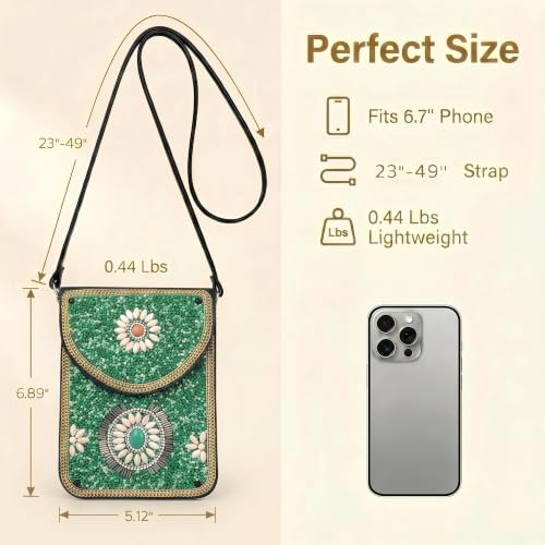 Small Crossbody Bags for Women, Cell Phone Shoulder Bag Boho Wallet Purse - color: Green Turquoise