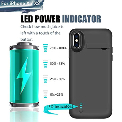 Battery Case for iPhone X & iPhone Xs, 5000mAh Rechargeable Extended Battery Charging Charger Case, Add 2X Extra Juice, Support Wired Headphones (5.8 inch) Black