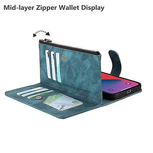 iCoverCase Compatible with iPhone 13 Wallet Phone Case with Card Holder, PU Leather Zipper Pocket Magnetic Detachable Flip Case with Wrist Strap (Blue) - color: Detachable--Blue