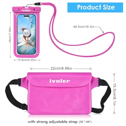 ivoler 2-Pack Waterproof Fanny Pack & Phone Pouch, Dry Bag for Passport, Phone & Wallet, Floating Waterproof Phone Case for Beach, Swimming, Kayaking, Boating, Cruise Essentials & Travel Pink | Swimming & Travel, Long Adjustable Waist Strap, IPX8 Dry Case