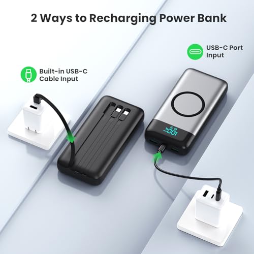 Wireless Portable Charger 40800mAh with 3 Built-in Cables,7-in-1 15W Wireless Charging Power Bank,25W PD QC 4.0 Fast Charging USB C Travel Essentials Battery Pack for iPhone 17/16/15/14,Galaxy,Android