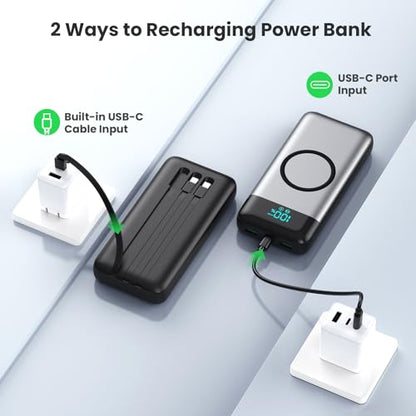 Wireless Portable Charger 40800mAh with 3 Built-in Cables,7-in-1 15W Wireless Charging Power Bank,25W PD QC 4.0 Fast Charging USB C Travel Essentials Battery Pack for iPhone 17/16/15/14,Galaxy,Android