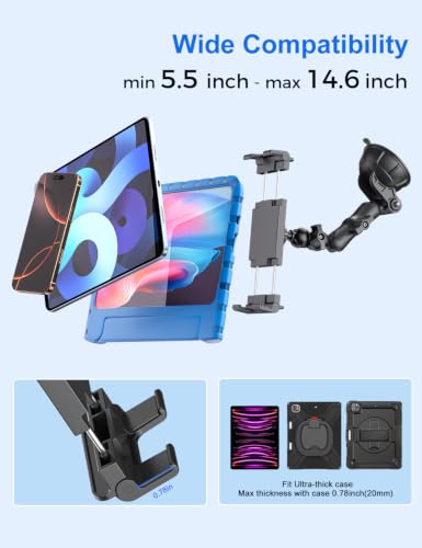 PLDHPRO Tablet Car Mount for Dashboard & Windshield, Heavy Duty iPad Holder for Truck, 360° Adjustable Suction Cup Stand Fits 5.5–14.6” Tablets & Phones, Stable for GPS & Road Trips - size: 8.7 in Arm