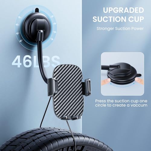 Car Phone Holder - Flexible Gooseneck Long Arm Phone Mount for Windshield with Washable Strong Suction Cup for All iPhone Android Smartphone - color: Dark Black-A