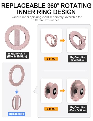 EWA MagOne Ultra for Magsafe Phone Grip Kickstand [Replaceable Elastic Finger Loop], Mag Safe Ring Holder Stand, Two-Sided Magnetic Phone Accessories for iPhone 17,16,15,14,13,12 Pro/Max/Plus-RoseGold - color: Rosegold