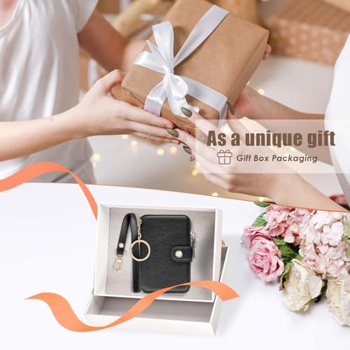 M-Plateau RFID Blocking Keychain Wallet With Leather Wrist Strap | Keychain Wristlet, Womens Card Holder with Zipper Coin Pocket and ID Window(Black) - color: Black