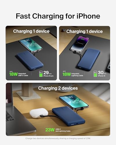 Belkin 10K 23W Portable Charger Power Bank, Integrated USB C and LTG Cables - Recommended Uses for Product - color: Blue