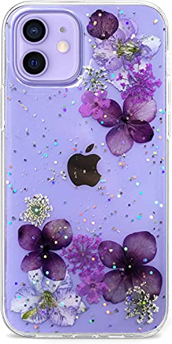 Abbery for iPhone 12/12 Pro Case Cute Clear Glitter&Sparkle Purple Pressed Floral Design, Cute Soft Silicone TPU Rubber Dried Real Flowers Aesthetic Protective Women Girls Phone Cover - color: Glitter Purple, size: for iPhone 12/12 Pro