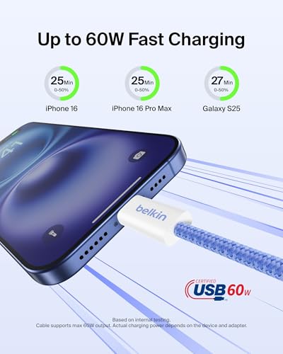 Belkin USB C to USB C 60W Braided Cable 2 Pack, 9.9ft iPhone Charger Cord - color: Blue, style: 9.9 ft - 2 pack