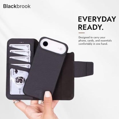 BLACKBROOK Detachable Leather Wallet Case Compatible with iPhone Air | Full-grain detachable folio with RFID blocking, 3 card slots, ID window, built-in kickstand, wireless charging, handcrafted. - color: Pebble Black, size: iPhone 17 Air