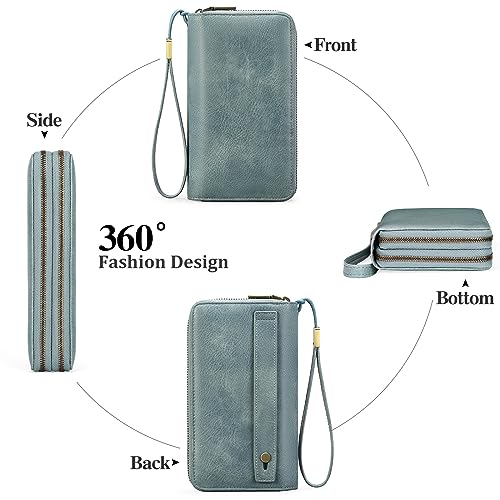 GAEKEAO RFID Leather Wristlet Wallet for Women with Grip Strap | Large capacity clutch wallet, credit card holder, wrist strap, zipper purse, travel and shopping - color: A06 Retro Light Blue-1