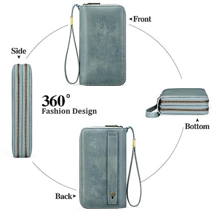 GAEKEAO RFID Leather Wristlet Wallet for Women with Grip Strap | Large capacity clutch wallet, credit card holder, wrist strap, zipper purse, travel and shopping - color: A06 Retro Light Blue-1
