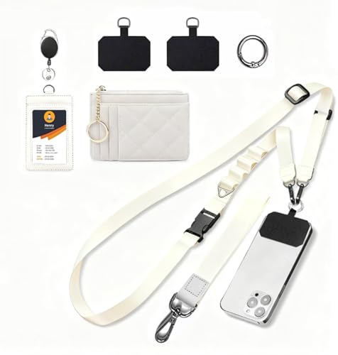 Phone Lanyard Crossbody Wrist Strap, Adjustable Clip and Go Strap for Phone with Wallet Crossbody for iPhone with Phone Tethers & Retractable ID Badge Card Holder-Beige - color: With Retractable Keychain-white
