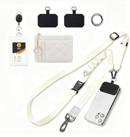 Phone Lanyard Crossbody Wrist Strap, Adjustable Clip and Go Strap for Phone with Wallet Crossbody for iPhone with Phone Tethers & Retractable ID Badge Card Holder-Beige - color: With Retractable Keychain-white