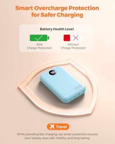 Portable Charger 10000mAh with 4 Built-in Cables 40% Smaller - color: Light Blue