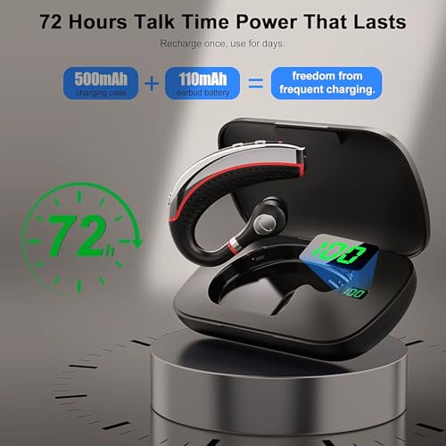 Bluetooth headset,Bluetooth earpiece 500mAh Charging Case 72H of talk time, Bluetooth Headset with Noise Canceling Mic Voice Control Lightweight Sweat-Resistant Design For iphone Work Driver Office - color: Red