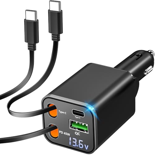 Retractable Car Charger, 120W USB-C Fast Charge 4-in-1 Phone Charger
