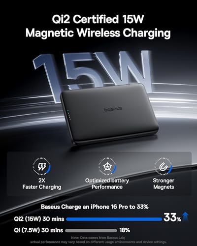 Baseus Picogo Magsafe Portable Charger, Qi2 15W 0.5" Ultra Slim 10000mAh Wireless Power Bank, 27W Fast Charging Magnetic Battery Pack with USB-C for iPhone 17 Pro Max/17 Pro/Air/16/15/14/13/12 | 10000mAh Wireless Power Bank, 27W Fast Charging Magnetic Bat