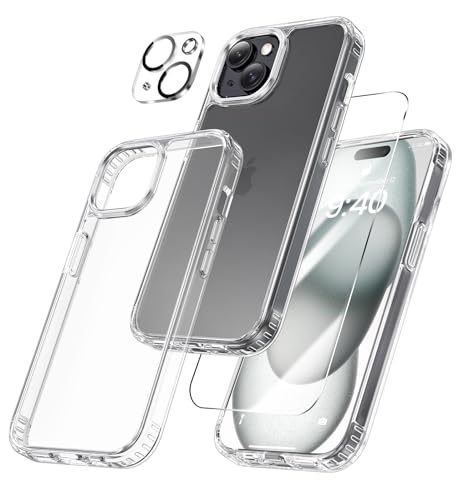Maxdara for iPhone 15 Clear Case | 3 in 1, with Front Tempered Glass Screen Protector & Camera Lens Protector, Anti-Yellowing Cover for iPhone 15 6.1 Inch - color: A-Clear, size: for iPhone 15