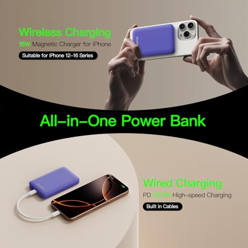 for Magsafe Portable Charger, 5000mAh Slim Wireless Magnetic Power Bank | 20W USB-C Power Delivery,LED Display,Travel Essential for Magsafe Battery Pack Compatible with iPhone 17-12 Series - color: Purple