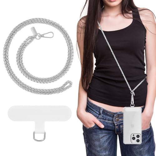 MoKo Universal Phone Lanyard, Metal Cell Phone Chain Crossbody Strap Anti-Theft Detachable Women Cellphone Lanyards Around The Neck with Patches for iPhone, Most Smartphones, Pale Silver - color: Pale Silver