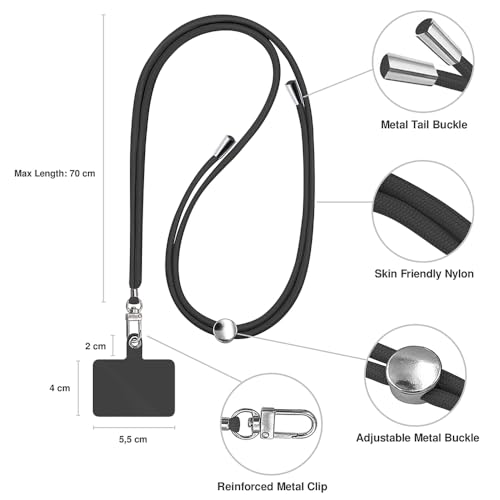 TBOC Cell Phone Lanyard [Black] - Comfortable Universal Smartphone Lanyard - Easy to Use Neck Phone Holder [Black Patch] - Adjustable Length Phone Strap Crossbody - Fits All Mobile Phones - color: Black
