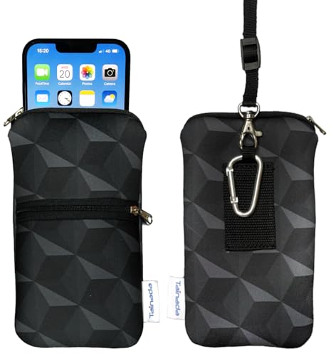 Tainada 2-Zip Phone Case Bag w/Belt Loop, Neck Strap (Black Gray Geometric) | For Men/Women; Water-resistant neoprene pouch, shockproof, lightweight, w/carabiner; Compatible with most of smartphones - color: Black Gray Circle Pattern