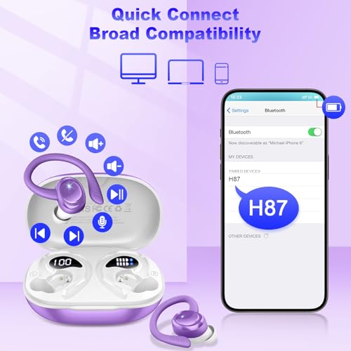 Hupoaf Wireless Earbuds Sport, 2025 Bluetooth 5.4 Headphones with Earhooks, 50H Stereo Deep Bass Over Ear Buds with 4 ENC Noise Canceling Mics, IP7 Waterproof Earphones for Running Workout Gym -Purple - color: D-Purple