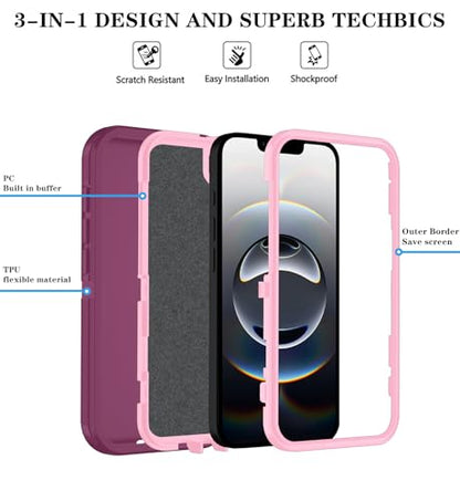 Phone Case for iPhone 16e Case & iPhone 17e Case with HD Screen Protector, Heavy Duty Shockproof & DustProof & 3-Layer Cover Phone Case for iPhone 16e/17e,WineRedPink - color: WineRedPink