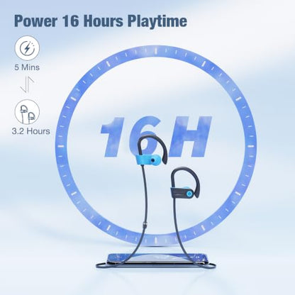 Boean Bluetooth Headphones, Bluetooth 5.3 Wireless Headphones with 16 Hours Playtime, Stereo Bass IPX7 Waterproof Over Ear Earphones AI Music Generation for Workout and Sports Running - color: Blue