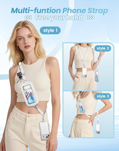 Clip and Go Strap for Phone with Wallet Crossbody, Detachable Wristlet Strap Pocket with Zipper Phone Screen ID Window, 2 Pcs Metal Tether Patches Compatibe with iPhone and Most Smartphones White - color: White