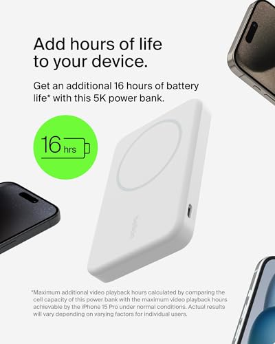 Belkin 5000mAh 15W Qi2 MagSafe Power Bank with Kickstand | Wireless Charging Battery Pack, iPhone 17, Air, Pro, Pro Max, AirPods, Apple Watch, Google Pixel 10, Built-in Stand, Magnetic - color: White, style: 5K mAh