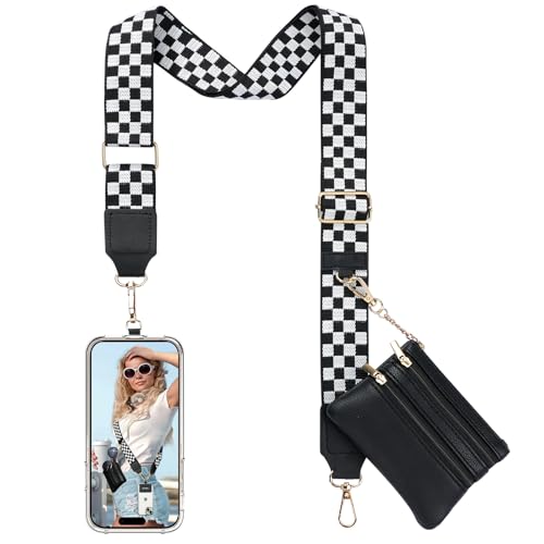 TiMOVO Clip and Go Phone Strap Crossbody with Leather Wallet, Adjustable Anti-Theft Lanyard with Pouch for Most Phone Case - color: A-checkered Black & White
