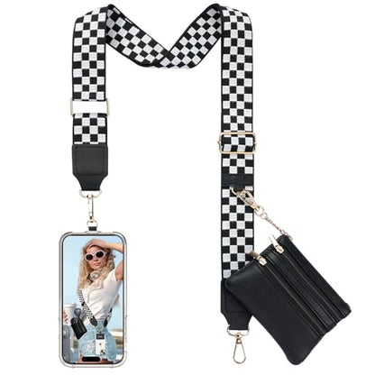 TiMOVO Clip and Go Phone Strap Crossbody with Leather Wallet, Adjustable Anti-Theft Lanyard with Pouch for Most Phone Case - color: A-checkered Black & White