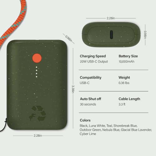 Nimble Champ Portable Charger, 10000mAh Power Bank, 20W Dual USB-C Charging - color: Outdoor Green