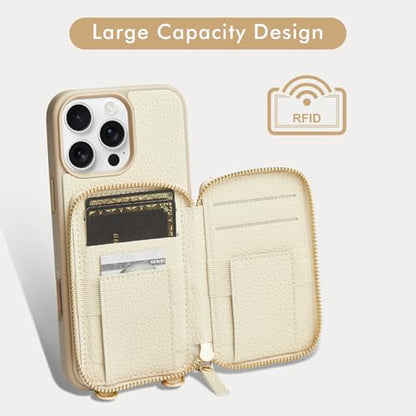 LAMEEKU for iPhone 16 Pro Max Wallet Case with Card Holder, Zipper Leather Crossbody Case with Kickstand Wrist Strap Cover with Phone Grip Holder 6.9 inch Beige - color: Beige, size: iPhone 16 Pro Max 6.9''