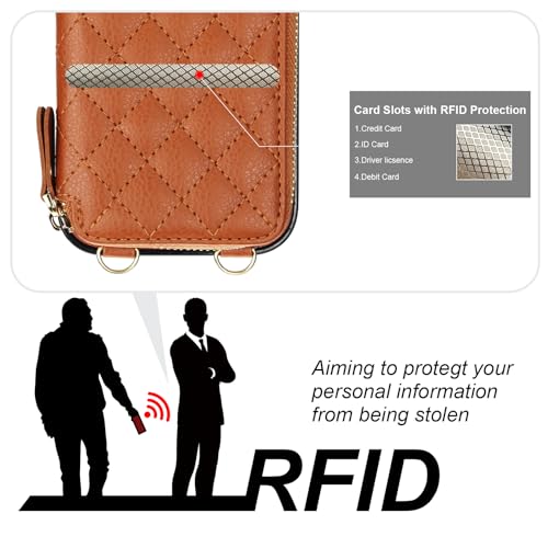 Bocasal Crossbody Wallet Case Card Holder for iPhone 17, Brown | RFID Blocking PU Leather Zipper Handbag Purse, Kickstand Flip Folio Case with Card Slots Holder Wrist Strap Lanyard 6.3 Inch - color: Brown