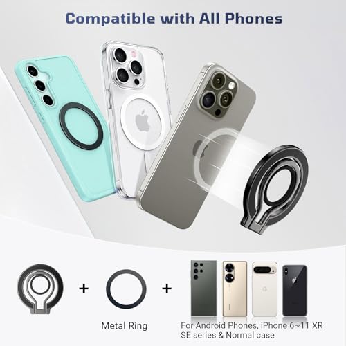 Slim Magnetic Phone Ring Holder for Magsafe, Lightweight Phone Finger Snap Grip Kickstand Accessories Compatible with iPhone Pixel, Portable Mini Phone Stand Works with Magnetic Car Mount