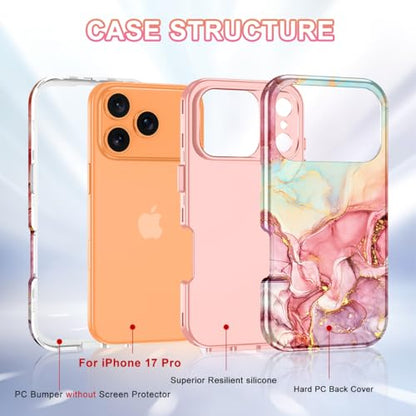 Btscase Compatible with iPhone 17 Pro Case 6.3 Inch 2025,Marble Pattern 3 in 1 Heavy Duty Shockproof Full Body Rugged Hard PC+Soft Silicone Drop Protective Women Girl Phone Cases, Rose Gold - color: A-Rose Gold, size: iPhone 17 Pro